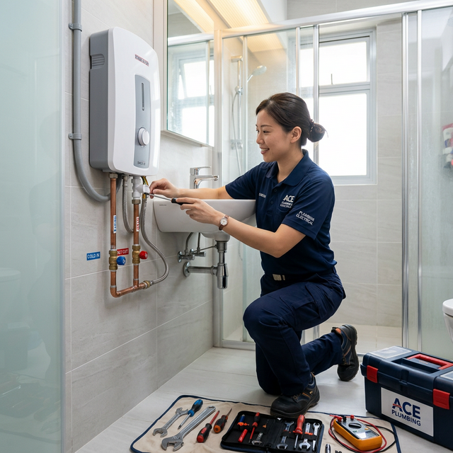 Professional technician installing water heater